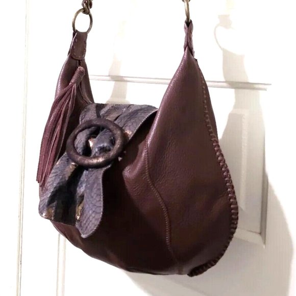 NEW Carlos Falchi CHI Brown 100% Leather Snake Skin Crescent Shoulder Bag Purse - Picture 6 of 13